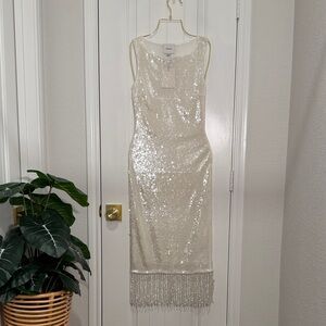 Reformation Ivory Sequin Midi Dress with Beaded Fringe Hem